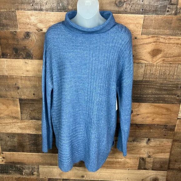Como Vintage Pullover Sweater Mock Neck Blue Denim Rounded Hem Side Slits Small - Picture 15 of 15